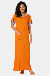 Naidu Hall  V Neck Ruffle Sleeve Printed Nighty-Orange - NT45