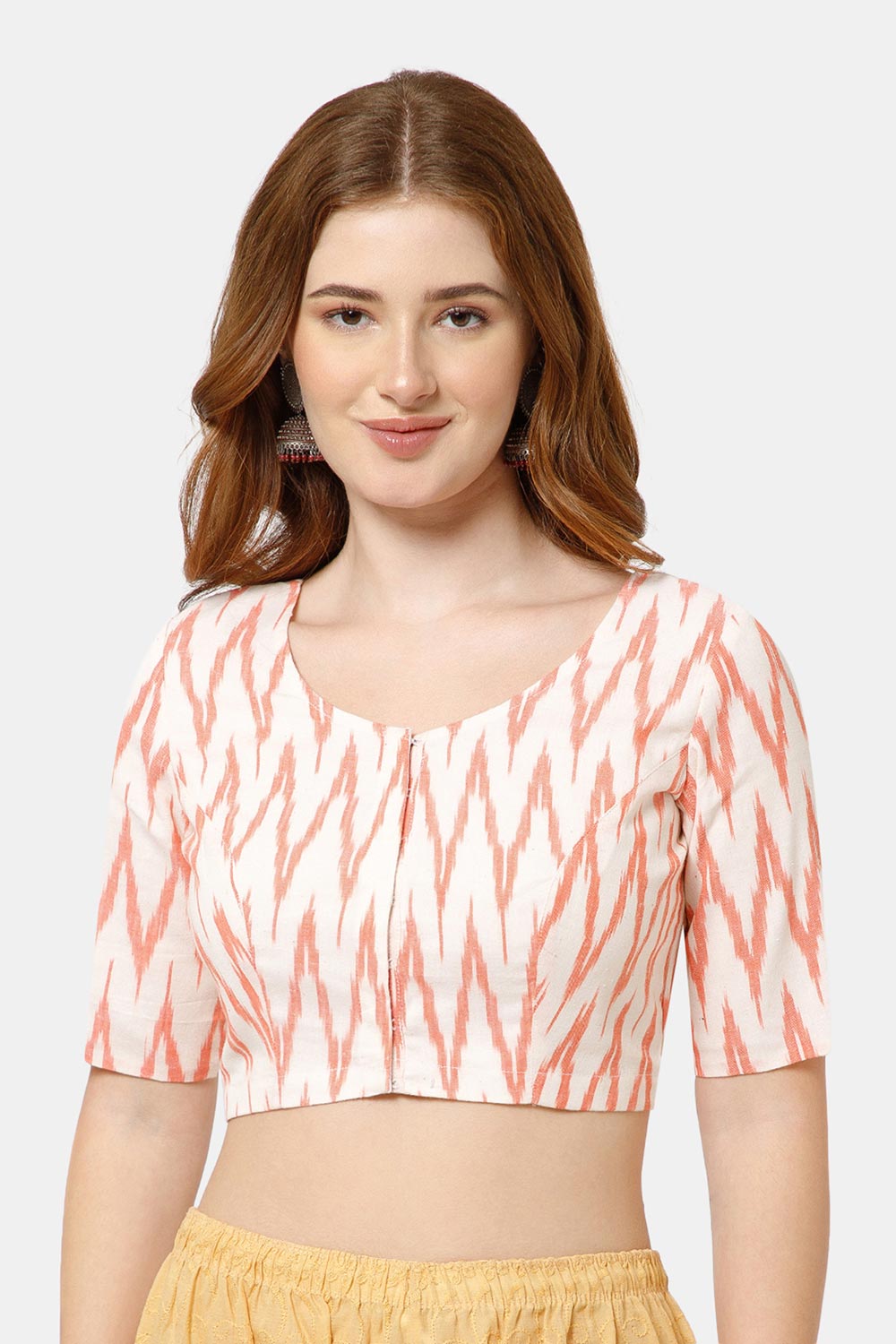 Naidu Hall Women’s Cotton Blouse | Woven U-Neck Ethnic Blouse with Elbow Sleeves & Front Closure - White Orange - BU17
