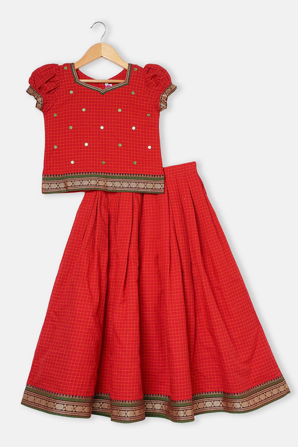 Chittythalli Girls Pavadai Set Cotton Ethnic Wear Mirror Work Puff Sleeve Top with Box Pleated Skirt- Red - PS88