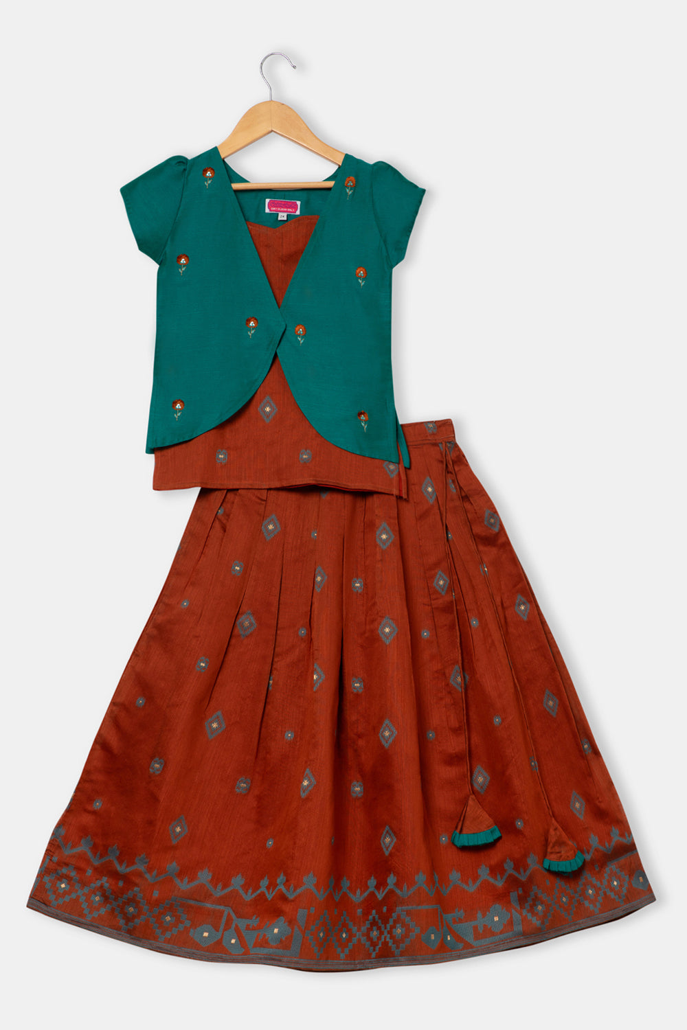 Chittythalli Girls 3-Piece Pavadai Set Spaghetti Strap Inner Box Pleat Skirt Embroidered Overcoat - Teal Green - PS74