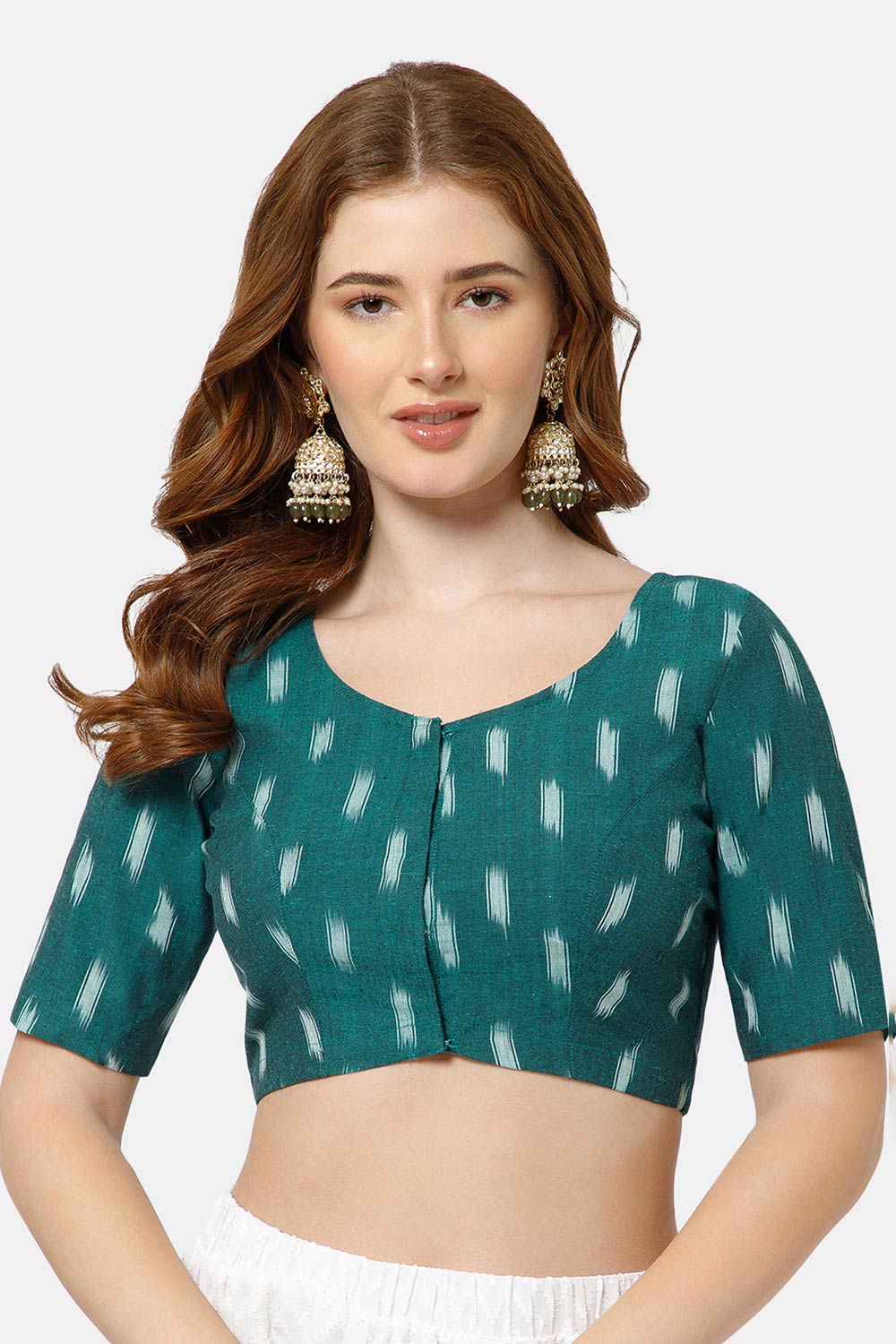 Naidu Hall Women’s Cotton Blouse | Woven U-Neck Ethnic Blouse with Elbow Sleeves & Front Closure - Teal Green - BU17
