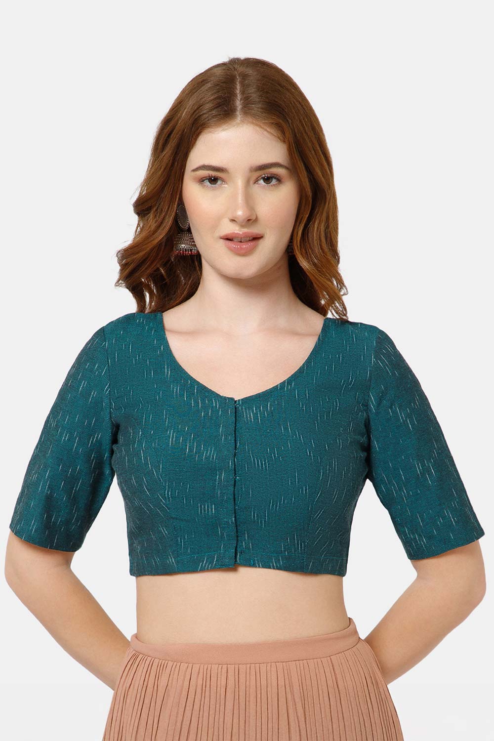 Naidu Hall Women’s Cotton Blouse | Woven U-Neck Ethnic Blouse with Elbow Sleeves & Front Closure - Teal Green-2 - BU17