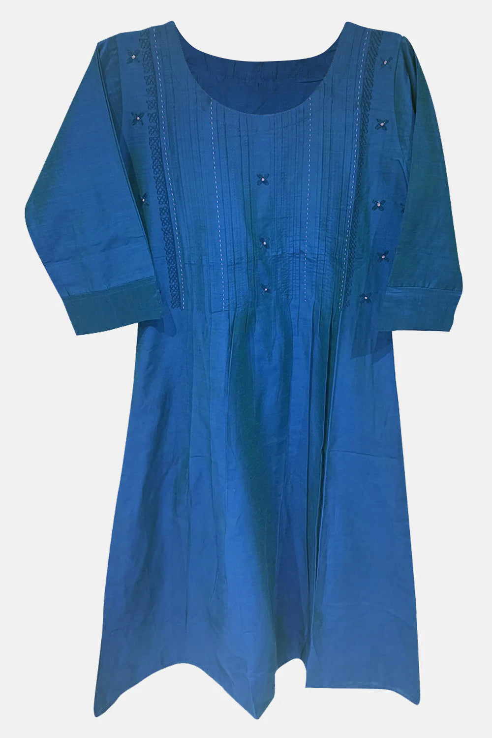 Mythri Women's Casual kurthi with A-Line  Round neck and 3/4 sleeves - Blue - E011