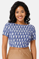 Naiduhall Princess Cut Boat Neck Short Sleeve Ikat Blouse - Blue - BU08