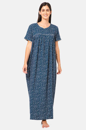 Naidu Hall Round Neck Short Sleeve Printed Nighty  - NT16 - Blue