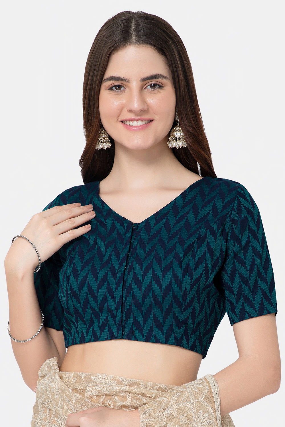 Naidu Hall V Neck Princess Cut Elbow Sleeve Front Open Jacquard1 Saree Blouse - Teal Green - BU13