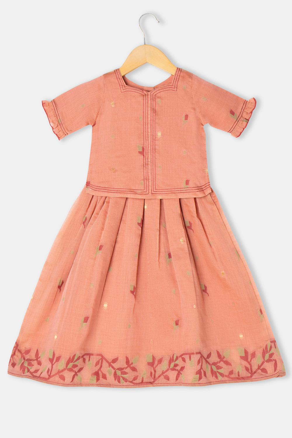 Chittythalli Girls Pavadai Set Cotton Blend with Sweetheart Neckline & Box Pleat Skirt- Peach - PS75