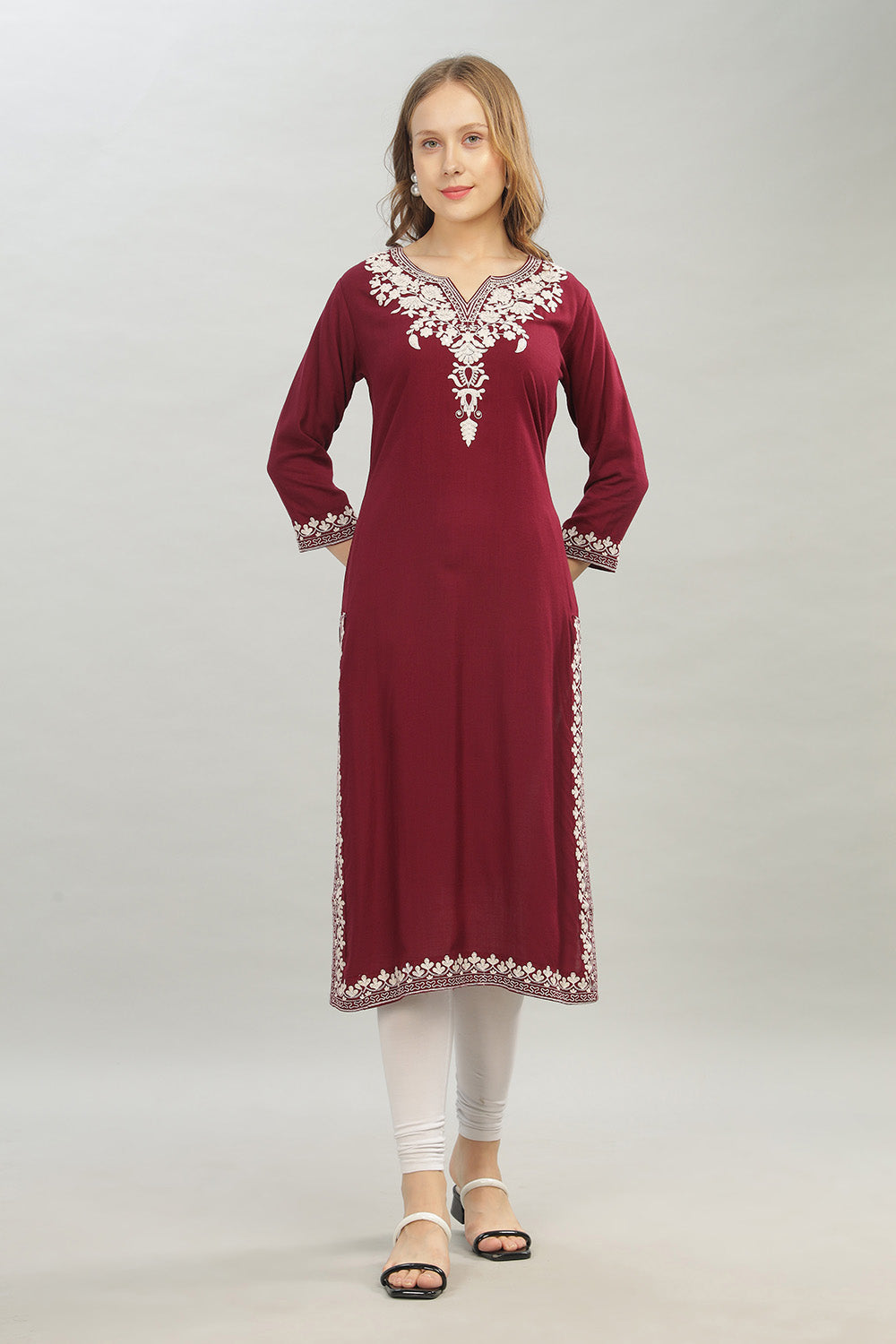 Mythri V Neck Straight Cut Kurta with 3/4 Sleeves - Maroon - KU45