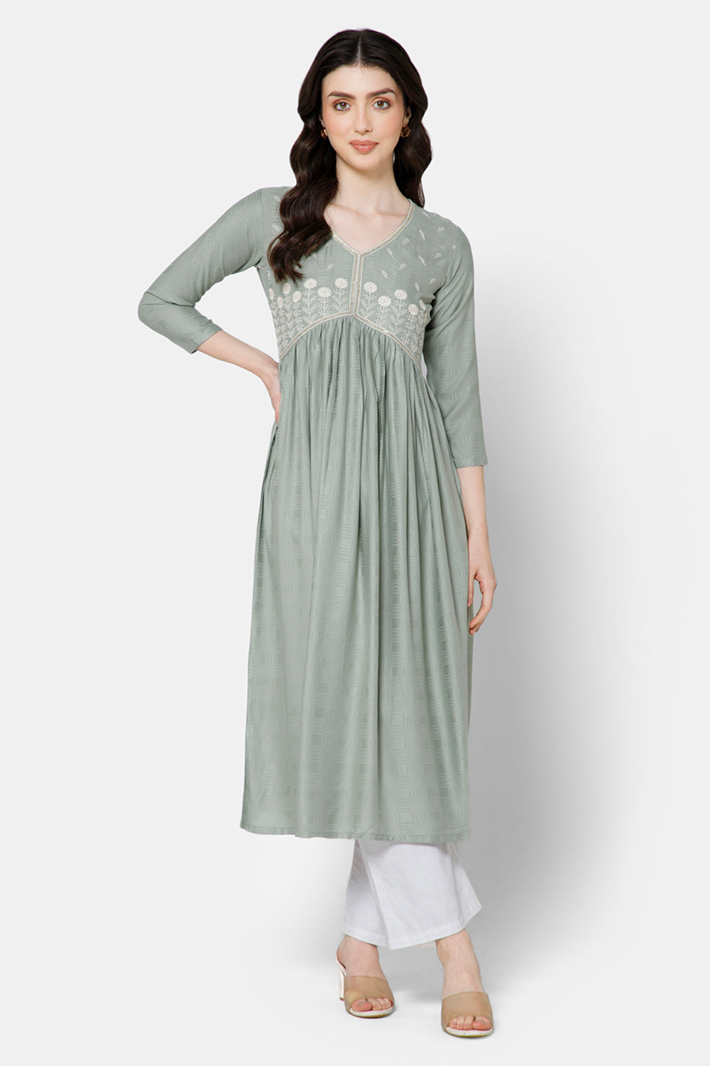 Mythri Women's Ethnic wear Kurthi with Elegant Lace Attachment At The Neckline - Green - E080