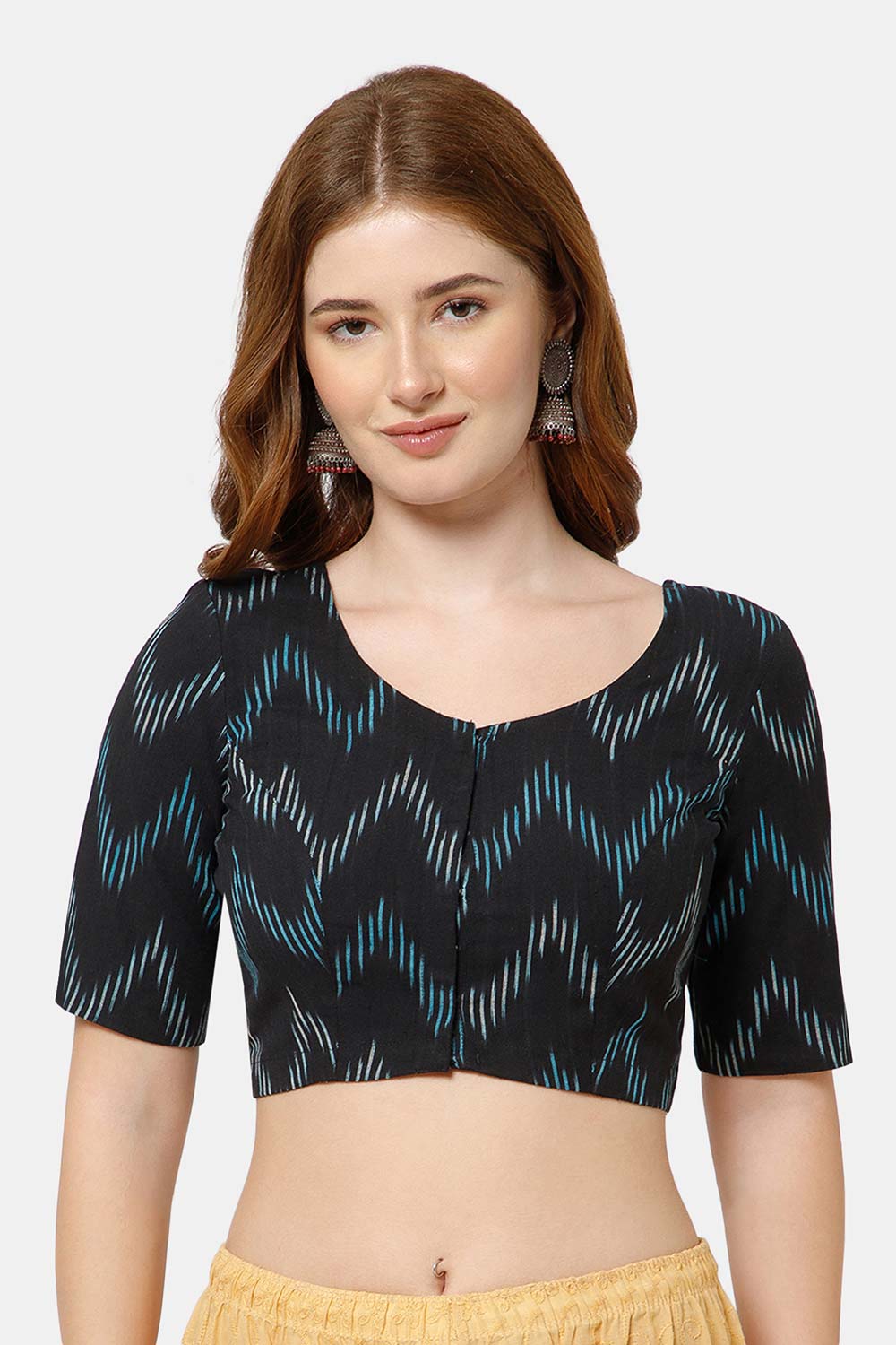 Naidu Hall Women’s Cotton Blouse | Woven U-Neck Ethnic Blouse with Elbow Sleeves & Front Closure - Black-2 - BU17