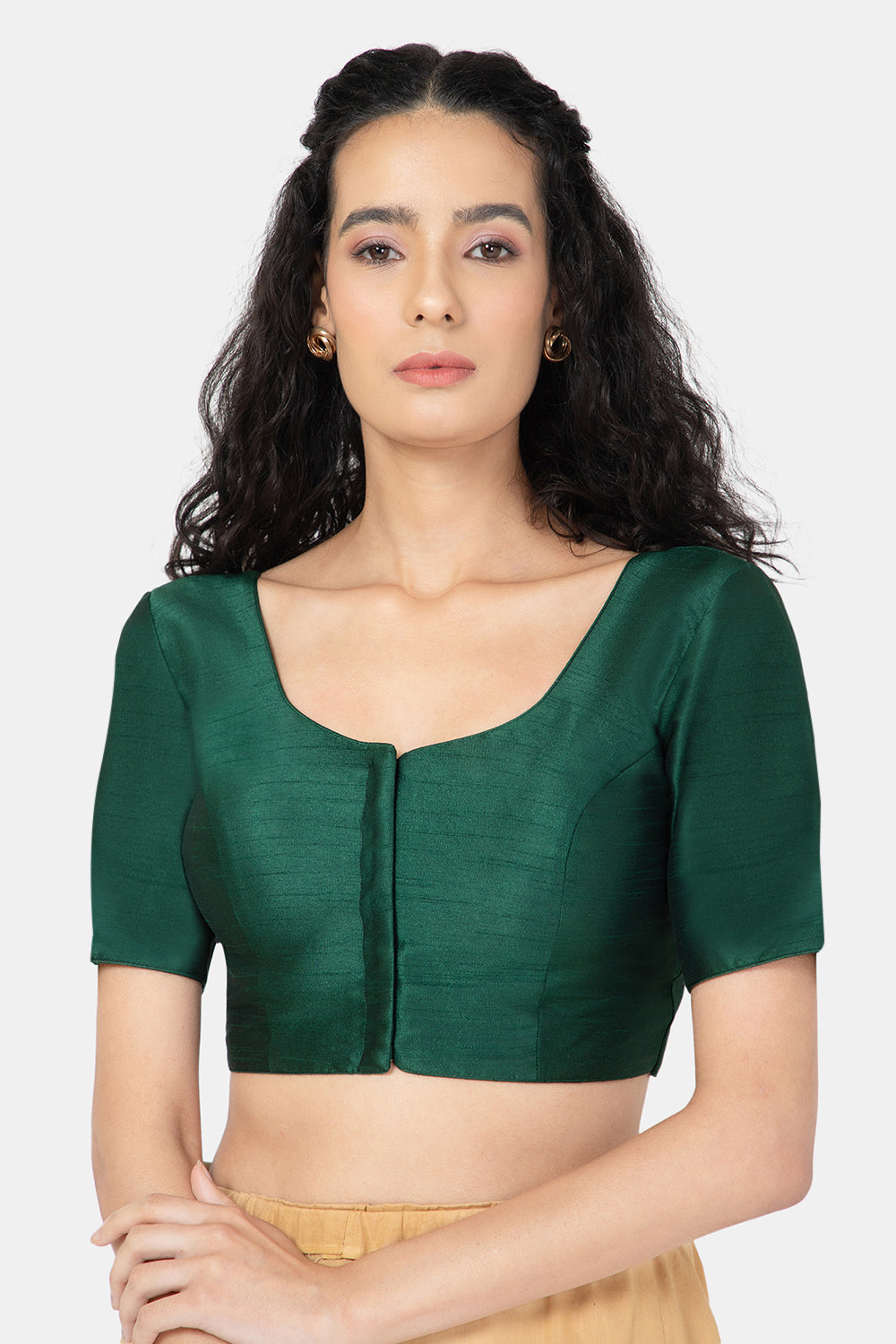 Naidu Hall Ethnic Raw Silk Saree Blouse with Round Neck Elbow Sleeves - Bottle Green