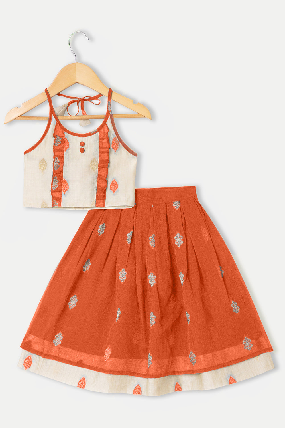 Chittythalli Halter Neck with Ruffle Detailing Ethnic Pavadai Set - Orange - PS28