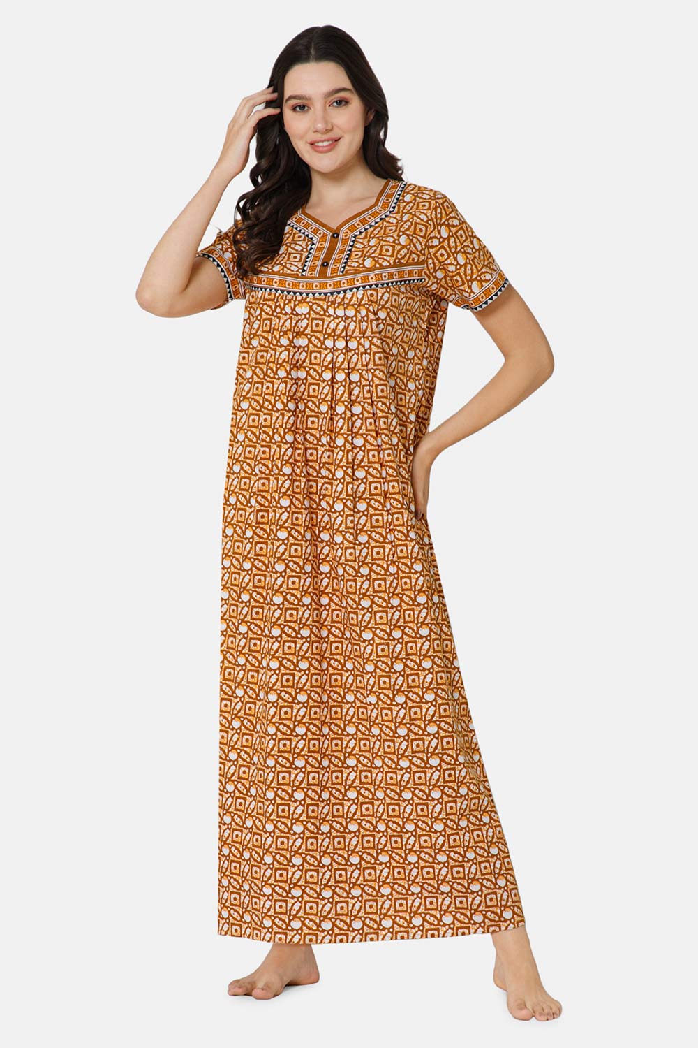 Naidu Hall Pleated Women's Nighty Full Length Half Sleeve  - Mustard - R126