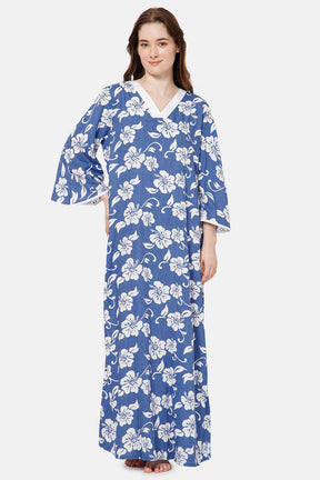 Naidu Hall V Neck Printed Nighty with Long Bell Sleeves - Navy Blue - NT40