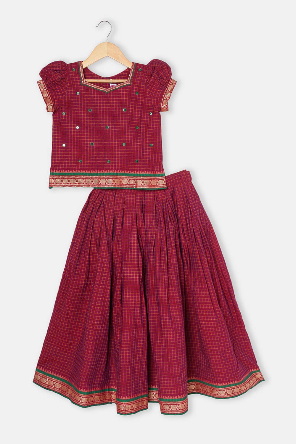 Chittythalli Girls Pavadai Set Cotton Ethnic Wear Mirror Work Puff Sleeve Top with Box Pleated Skirt- Maroon - PS88