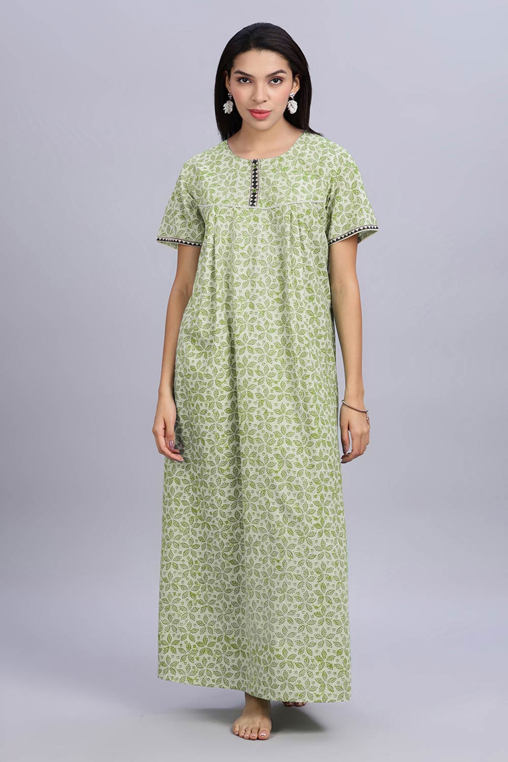 Naidu Hall Women's A-Line Nighty with Round Neck Front Button Placket and Lace Detailed Yoke - Green - NA09