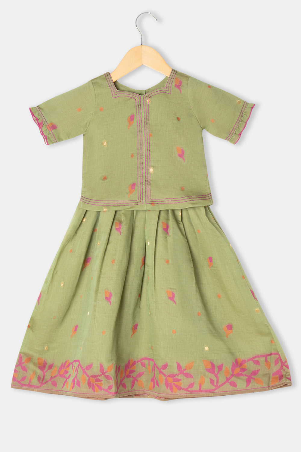 Chittythalli Girls Pavadai Set Cotton Blend with Sweetheart Neckline & Box Pleat Skirt- Light Green - PS75