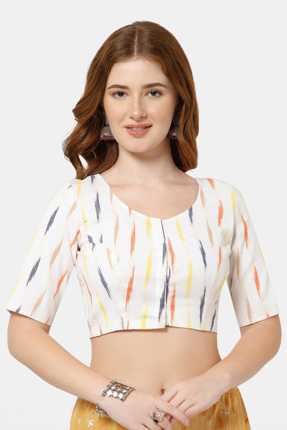 Naidu Hall Women’s Cotton Blouse | Woven U-Neck Ethnic Blouse with Elbow Sleeves & Front Closure - White - BU17