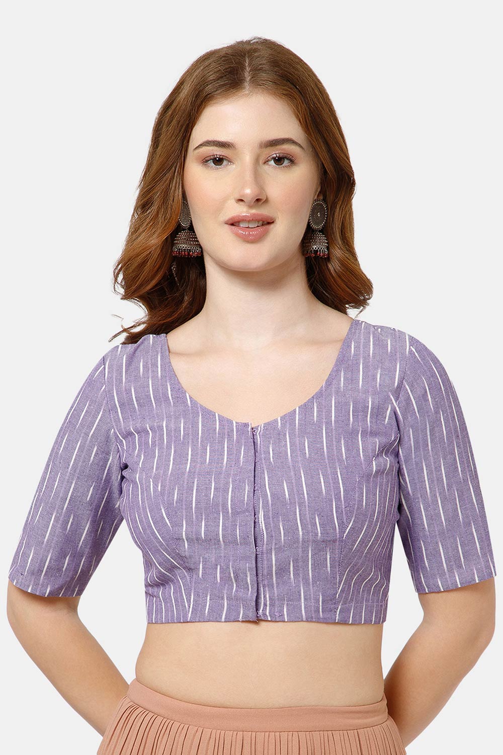 Naidu Hall Women’s Cotton Blouse | Woven U-Neck Ethnic Blouse with Elbow Sleeves & Front Closure - Blue - BU17