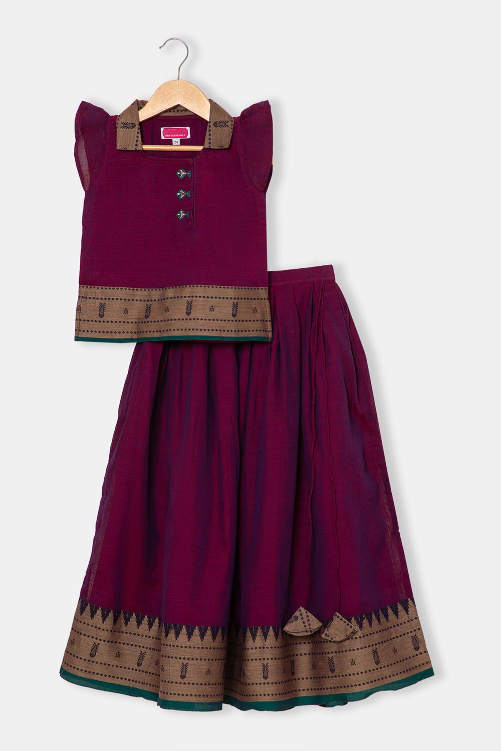 Chittythalli Girls Ethnic Pavadai Set – Hand Embroidered Fish Blouse with Box Pleated Skirt & Tassels - Purple - PS86