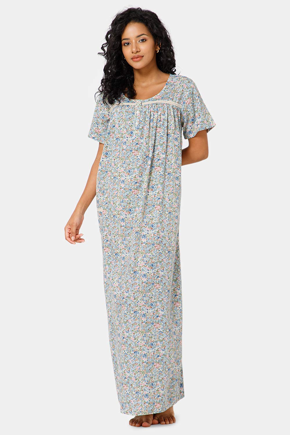 Naidu Hall Front Open Round Neck Short Sleeve Printed Nighty-Sky Blue - NT11