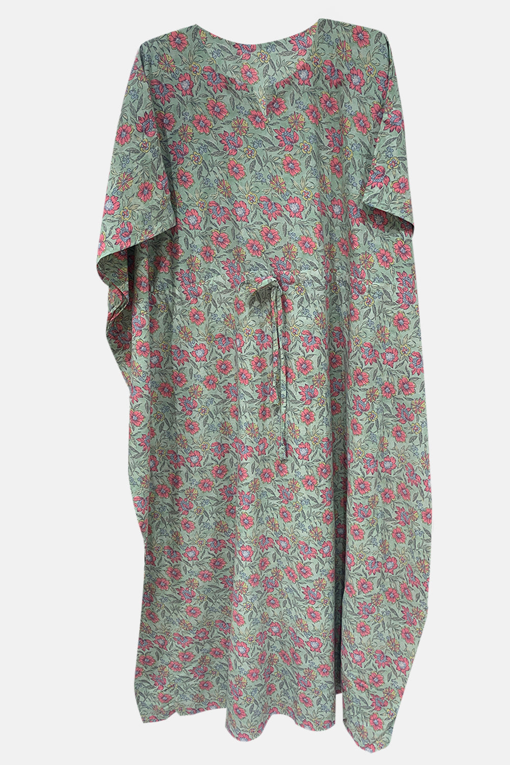 Naidu Hall Round Neck Kaftan Style Printed Nighty - Light Green  - NT68