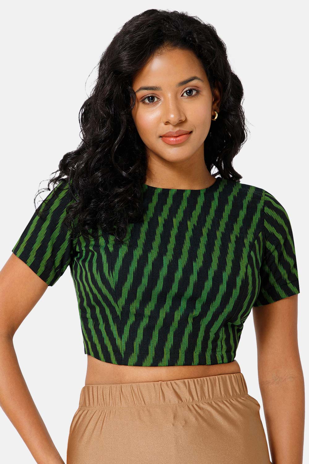 Naiduhall Princess Cut High Neck Short Sleeve Ikat Blouse - Green - BU09