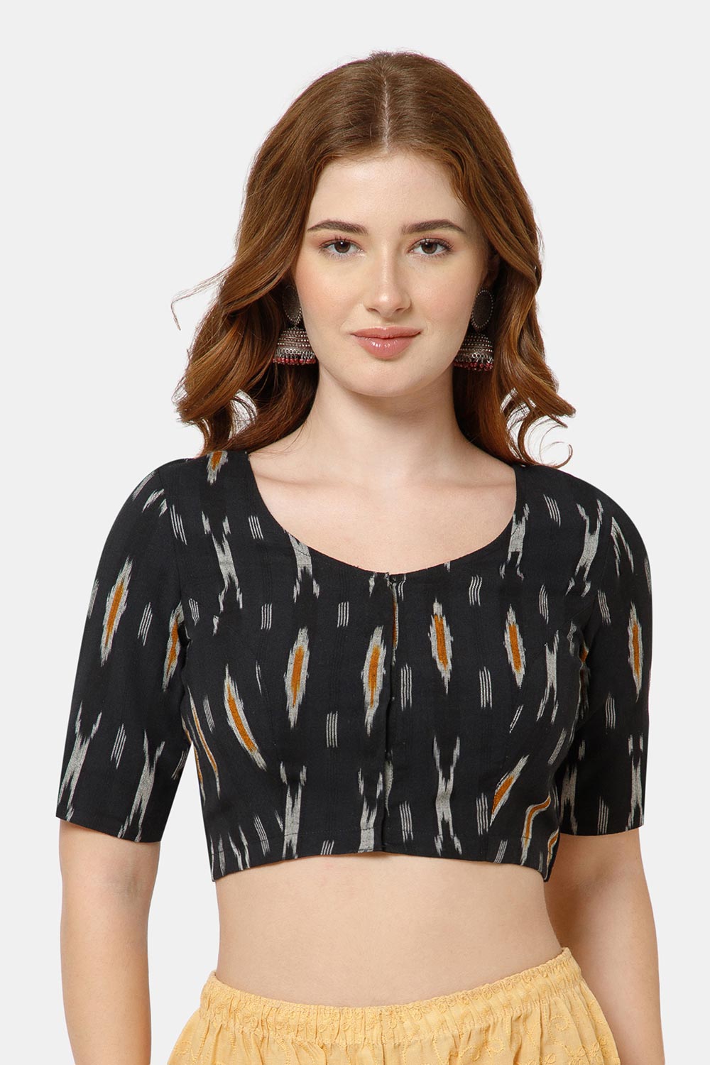 Naidu Hall Women’s Cotton Blouse | Woven U-Neck Ethnic Blouse with Elbow Sleeves & Front Closure - Black - BU17