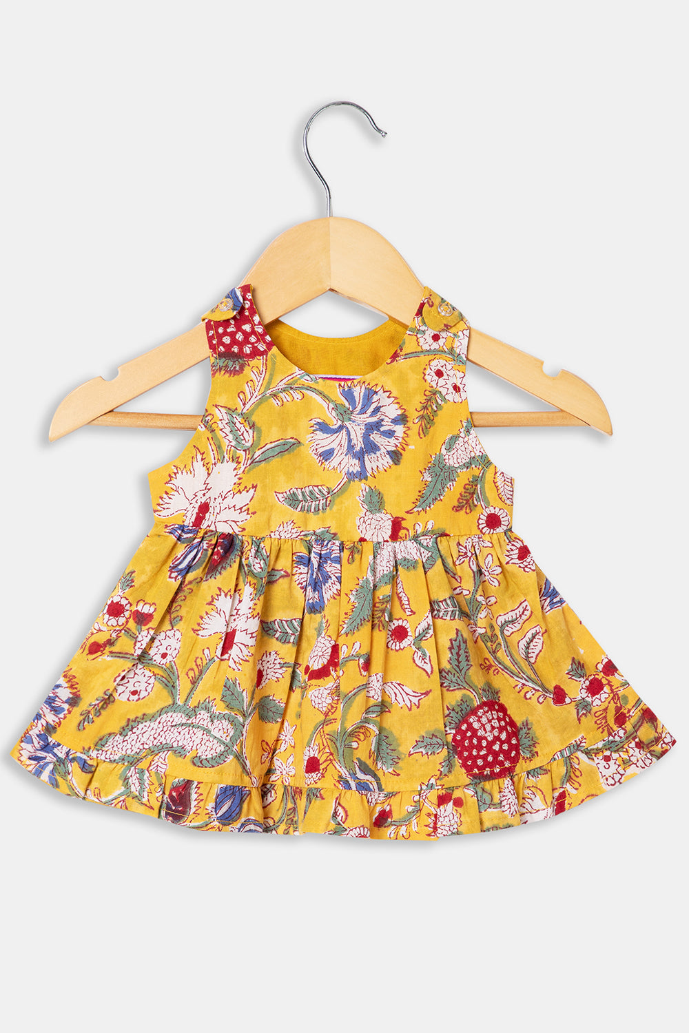 Chittythalli Girls Cottton Round Neck Frock with Mandarian Collar Overcoat - Yellow - FR31