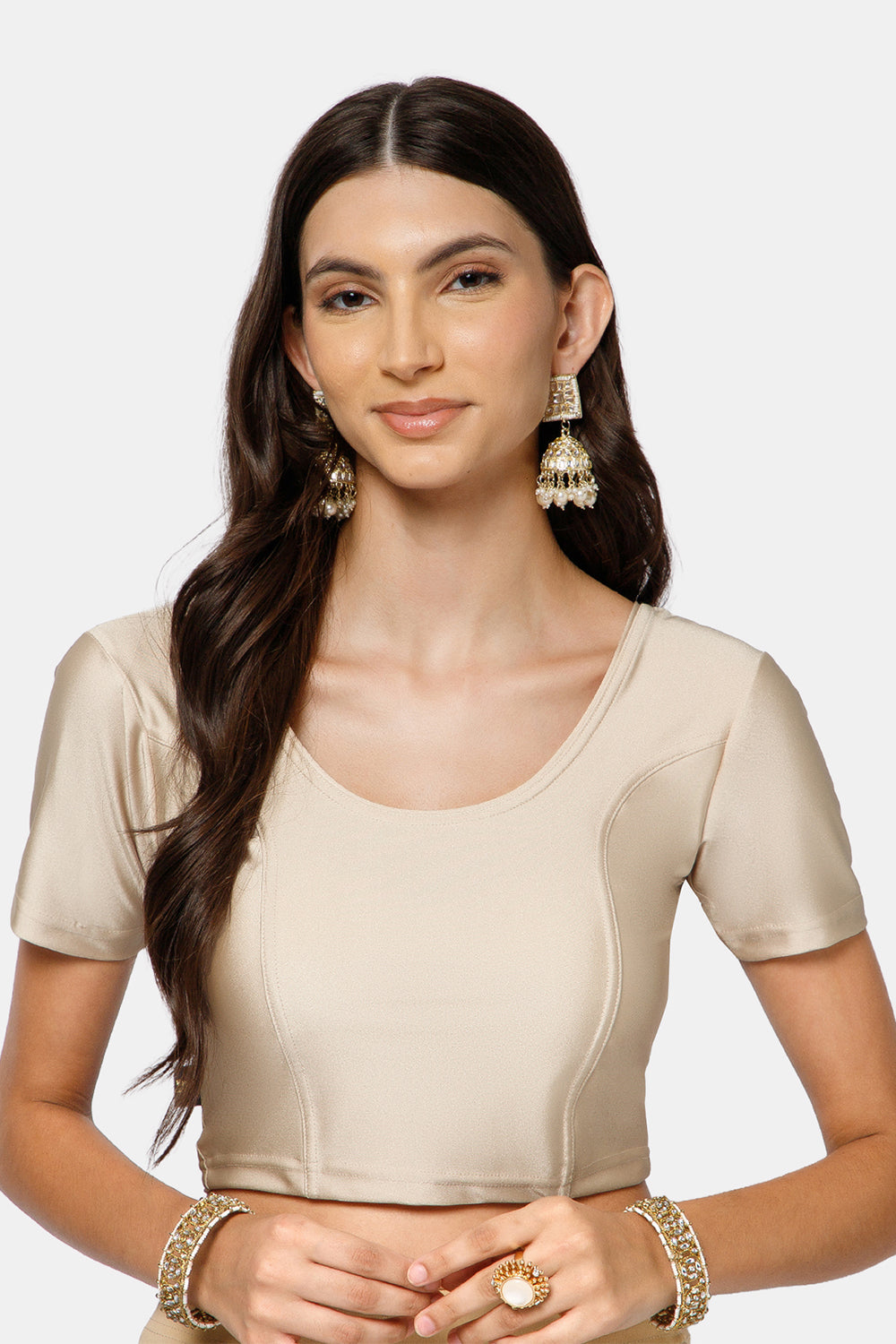 Naidu Hall Women’s Shimmer Knitted Saree Blouse | Silk Blend Round Neck Short Sleeve Ready to Wear Blouse | Regular Fit Solid Stretch Blouse for Sarees - Light Fawn Shimmer