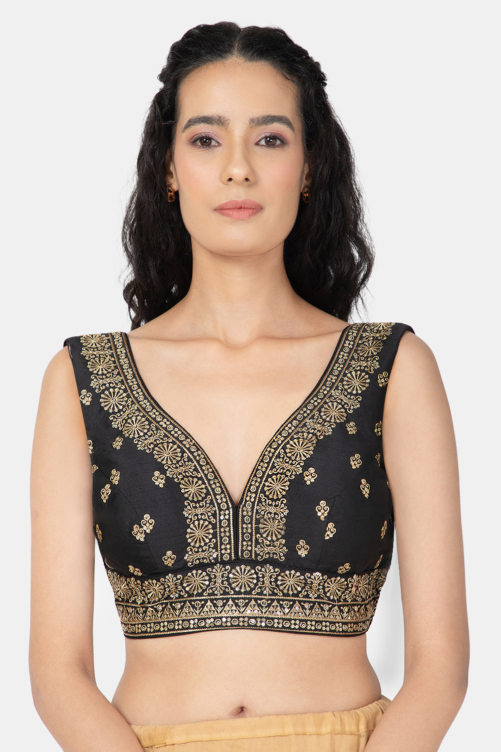 Gold Georgette Sequin Embroidered V-Neck Back-Open Sleeveless Blouse at Soch