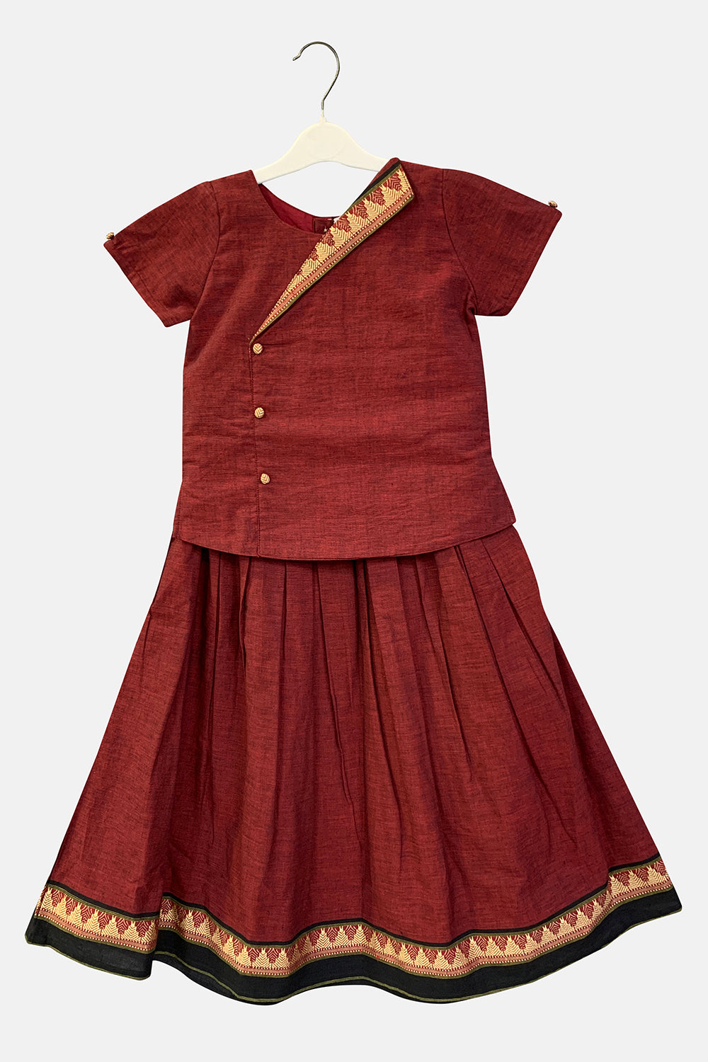 Chittythalli Stylised Collar Puff Sleeves Ethnic Pavadai Set - Maroon - PS67