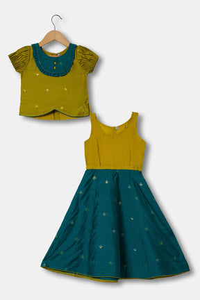 Chittythalli Pintuck Sleeve With Patch Work With Ruffle Detailing Top And Skirt Pavadai Set -  Green  - PS33