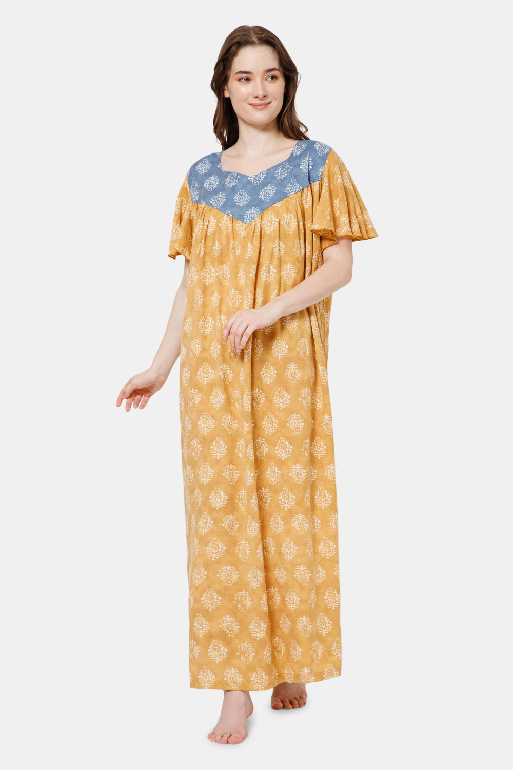 Naidu Hall All Over Printed Nighty with Butterfly Sleeves Diamond Neck - Yellow - NT37