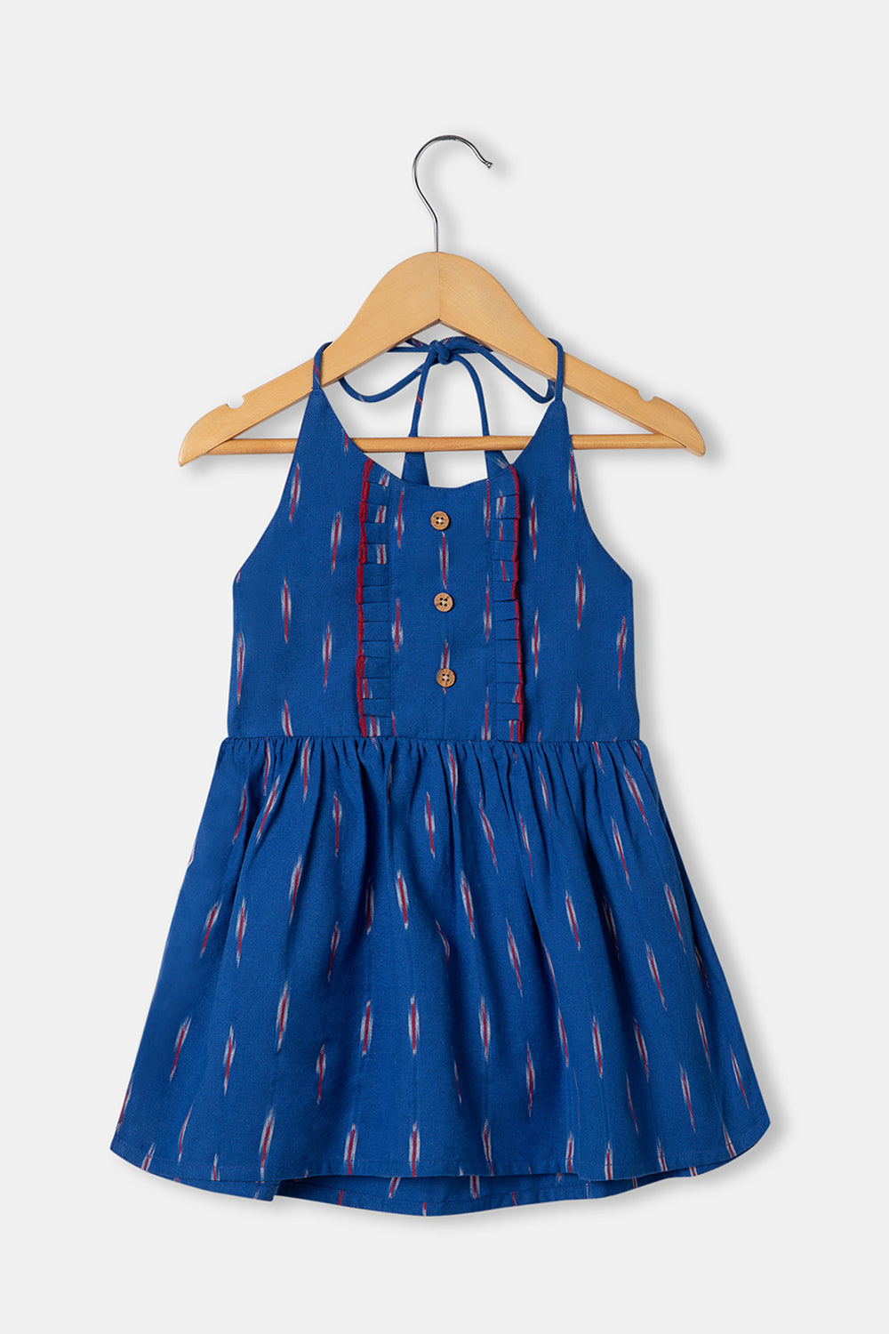 Chittythalli Cotton Handloom Ikat Halter Neck Girls Toddler Frock with Back Tie-Up - Blue - FR27