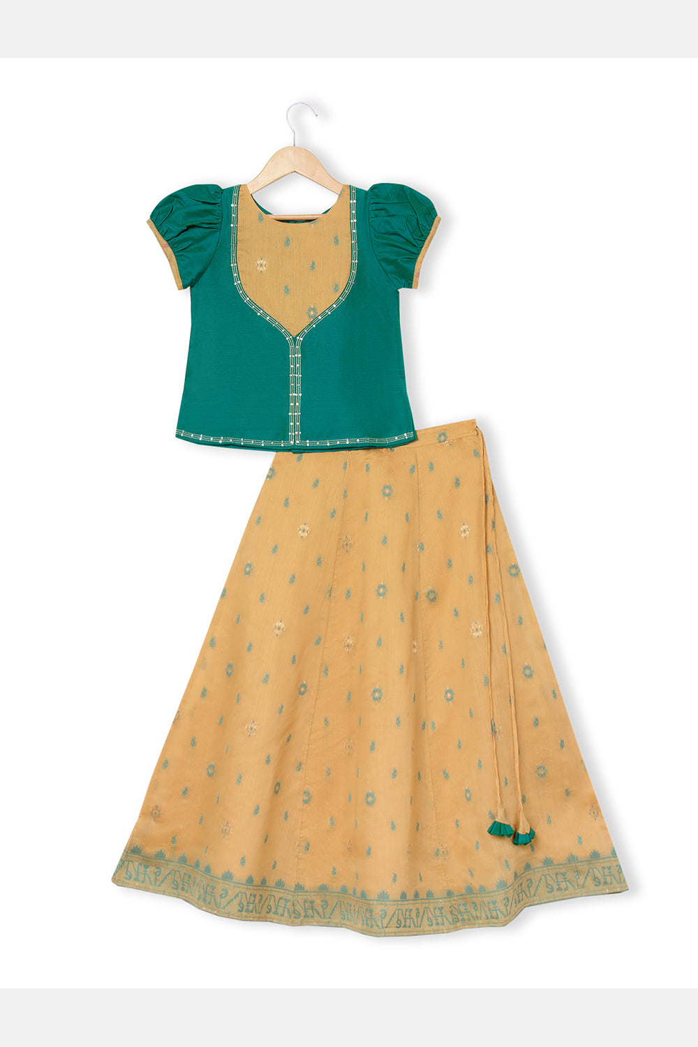 Chittythalli Girls Pavadai Set with Puff Sleeve Top & Embroidered Kali Skirt - Teal Green - PS76