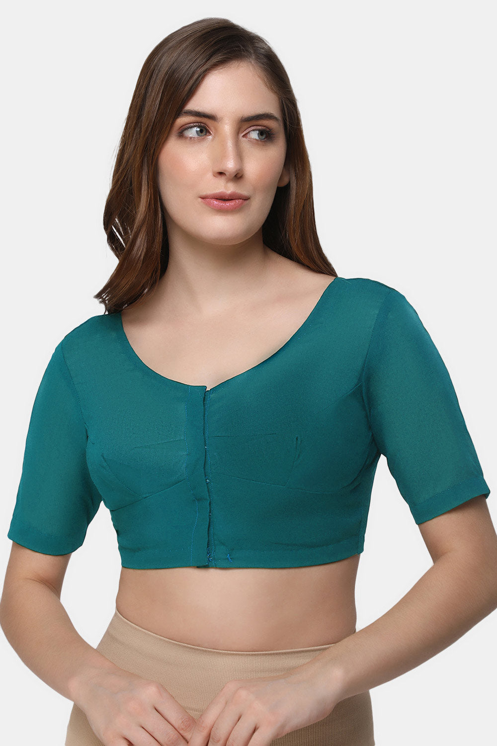 Naidu Hall Women's 2x2 Cotton Saree Blouse | Readymade Round Neck Elbow Sleeve Woven Cotton Blouse | Plain Traditional Blouse for Cotton, Handloom, Linen & Silk Cotton Sarees - RNRE