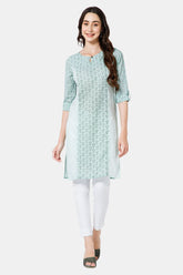Mythri Women's Ethnic Wear Round Neck With Keyhole Opening in 3/4 sleeve with sleeve tab - Green - KU60