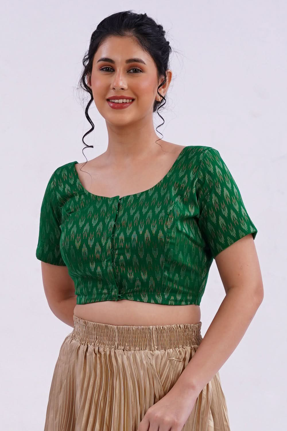 Naidu Hall Round Neck Short Sleeve Women's Handloom Cotton Saree Jacquard2 Front Open Blouse - Green