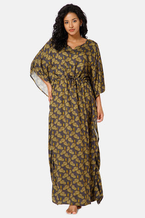 Naidu Hall  Round Neck Kaftan Style Printed Nighty-Grey - NT27