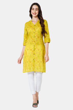 Mythri Women's Ethnic Wear Mandarin collar 3/4 sleeve with front Full placket styling - Yellow - KU37