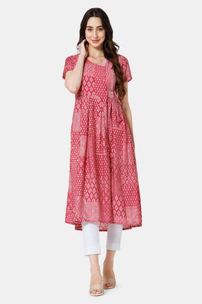 Mythri Women's Ethnic Wear V Neck Anagarkha Kurta with Fabric tassels - Magenta - KU42