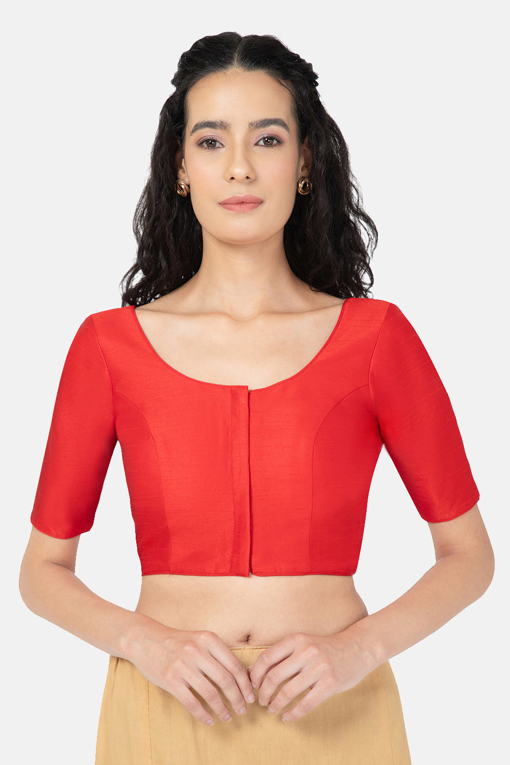 Naidu Hall Ethnic Raw Silk Saree Blouse with Round Neck Elbow Sleeves - Red