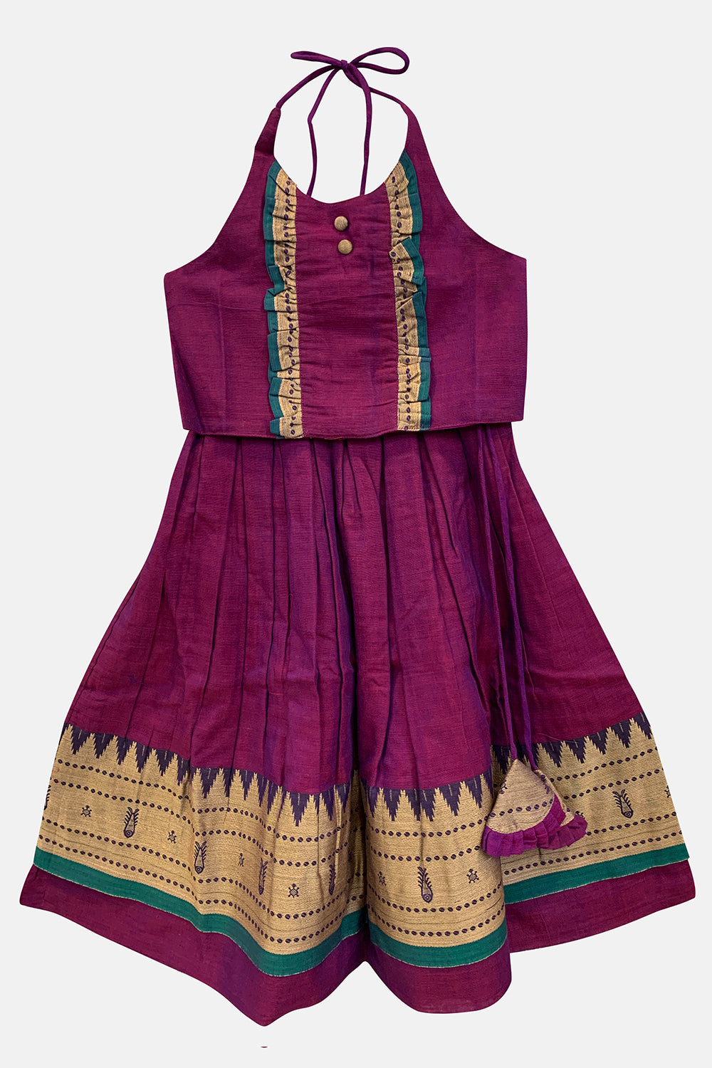 Chittythalli Girls’ Halter-Neck Pavadai Set – Cotton Blend Layered Box Pleat Skirt - Purple - PS28