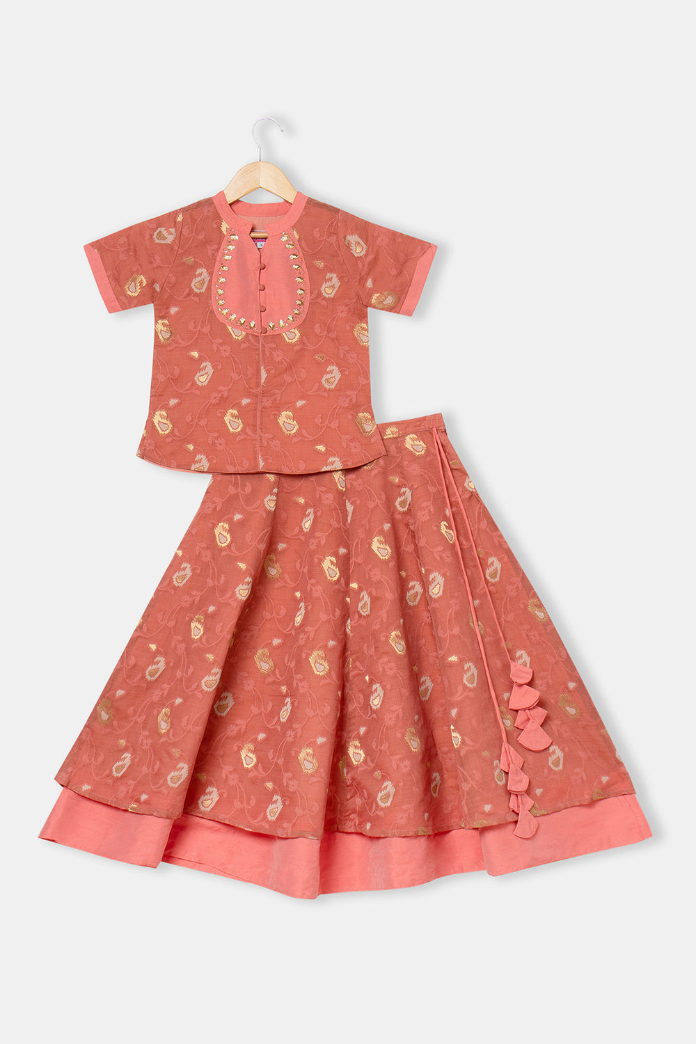 Chittythalli Girl's Ethnic Pavadai Set Round Neck Top with Shoulder Tie-Ups Sequin Embroidery & Kali Skirt - Pink - PS70