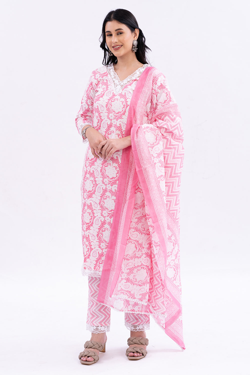 Mythri V-Neck with 3/4 Sleeves Salwar Set - Pink - SS07