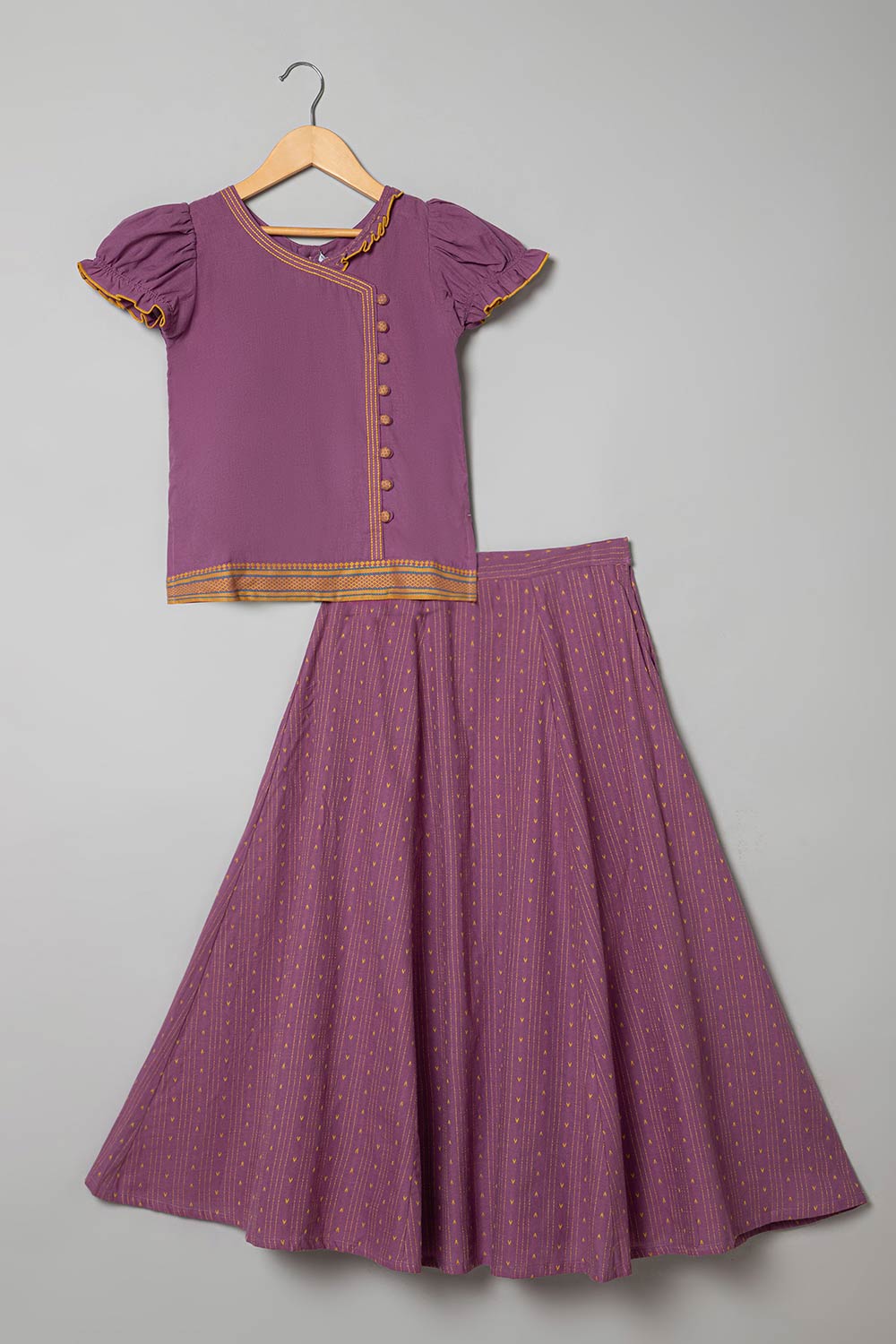 Chittythalli Puff Sleeve With Minimal Embroidery Top & Kali Skirt  Pavadai Set -  Purple  - PS50