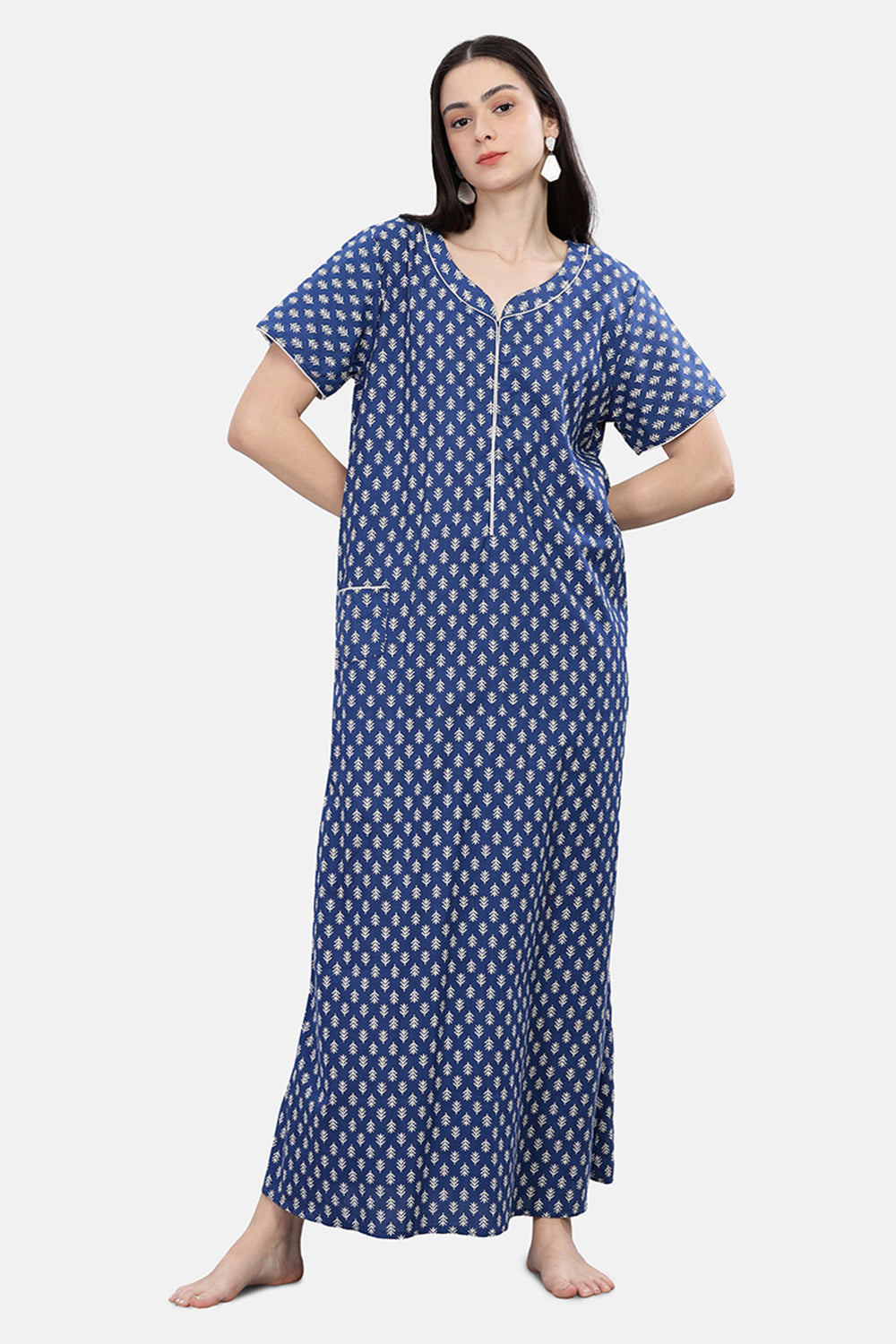 Naidu Hall  Round Neck Short Sleeve Printed Nighty - Blue - NT70