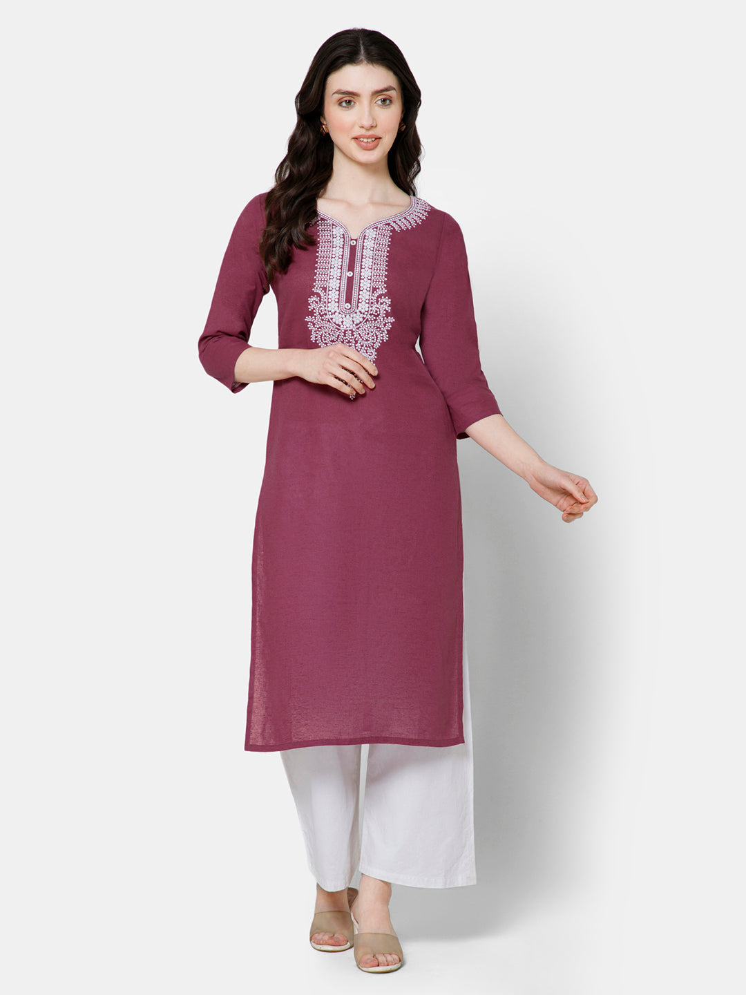 Mythri Women's Casual Kurthi with Elaborately Embroidered Neckline - Mauve - E026