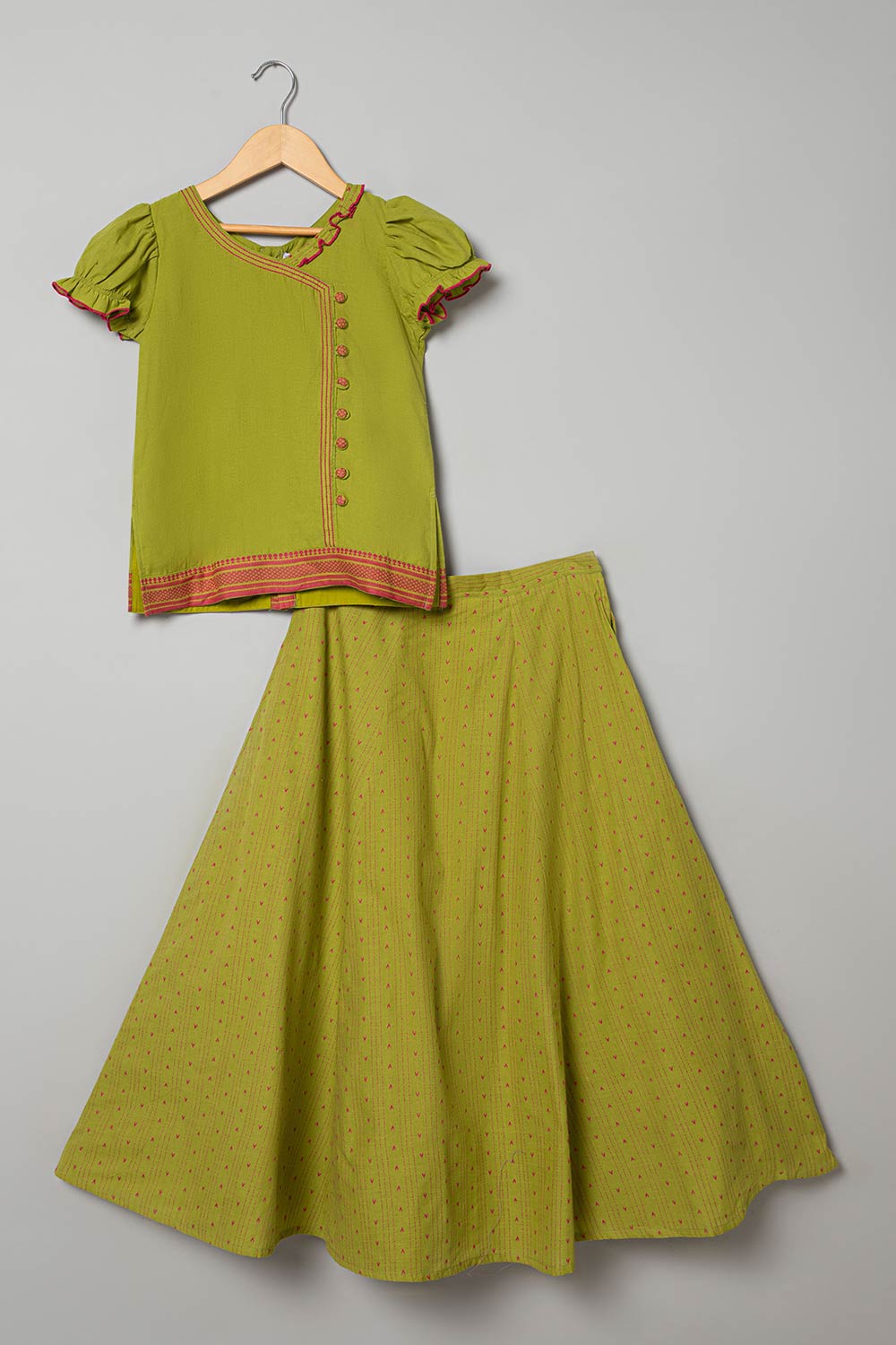 Chittythalli Puff Sleeve With Minimal Embroidery Top & Kali Skirt  Pavadai Set -  Light Green  - PS50